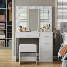 37"W Vanity Desk with Power Outlet, Vanity with Mirror and Lights, Chair
