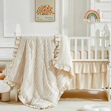 3 Pieces Tufted Stripes Crib Bedding Set with Ruffle Fringe, Beige Ruffled Co...