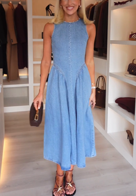 H&M Long Open Back Denim Fitted Bodice Flared Dress Light Blue Size S M L  New | eBay