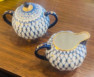 VTG Lomonosov Cobalt Net Porcelain Sugar Bowl & Creamer Set USSR Russia LFZ Mint