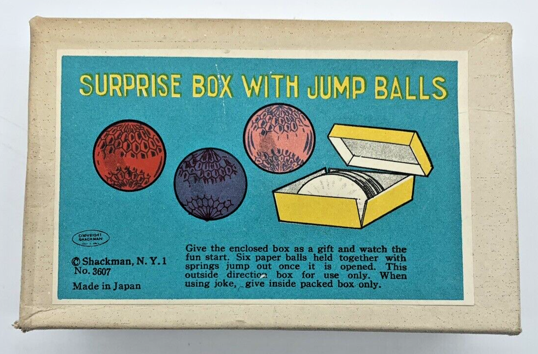 Vintage Shackman NY Surprise Box with Jump Balls Paper Balls Spring Loaded