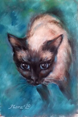 Siamesisches Kätzchen Portrait Original animalisches Ölgemälde signiert handgemalt