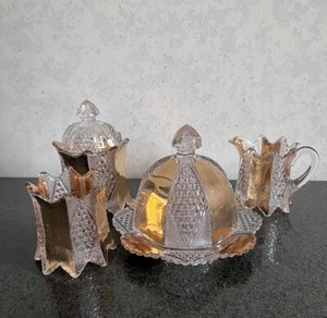 EAPG Fostoria Glass Carmen #575 Panelled Diamond Table Set 4 pieces Gold 1897