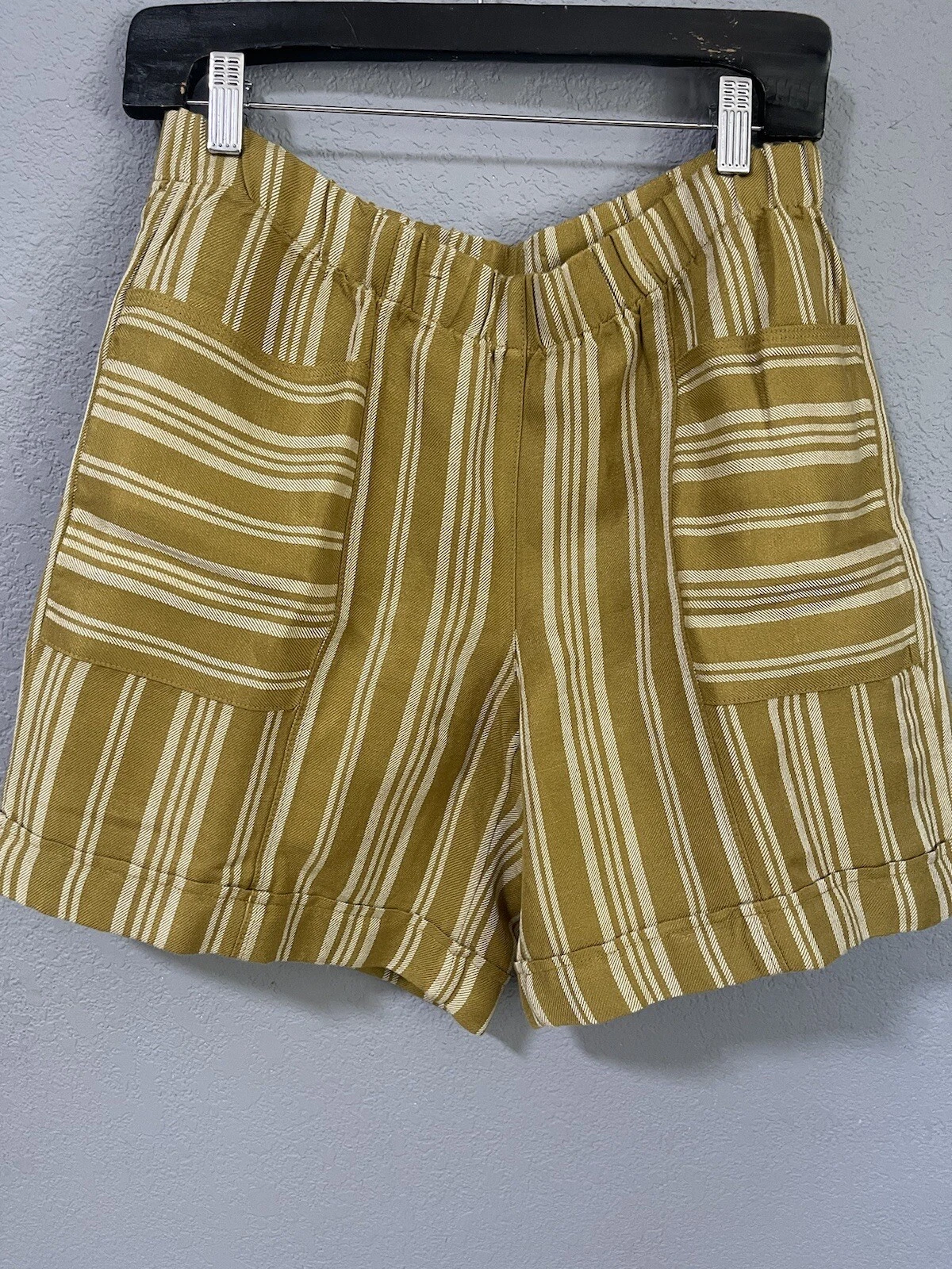 J. JILL BEACHY LINEN RAYON Mustard Yellow STRIPED PULL-ON SHORTS SZ Small NWOT