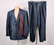 Mens VTG 2 PC Dark Blue Polyester Western Leisure Suit W Tie Sz 46 1970s Style