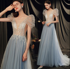 Trendy V Neck Hubble-bubble Sleeve Glitter Sequins Evening Dresses Prom Gown HJN