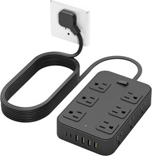 Flat Plug Power Strip Surge Protector 5 Ft Extension Cord with 12 AC Outlets 6 U