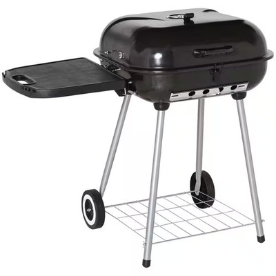 Portable Steel Charcoal Grill in Black with Bottom Shelf, Wheels and Adjustable