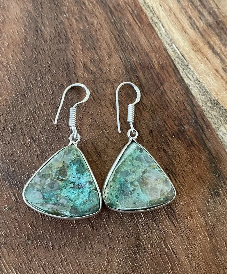 Pendientes artesanales de piedras preciosas de crisocola - enchapados en plata - nuevos Foto 3 de 3