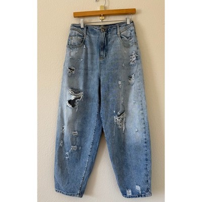 PINKO Ester 7 Egg Distressed Barrel Leg Jeans Light Wash Blue Denim Size 29