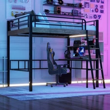 Metal Full Size Loft Bed w/LED，Built-in Desk，Storage Shelf and Ladder，Black