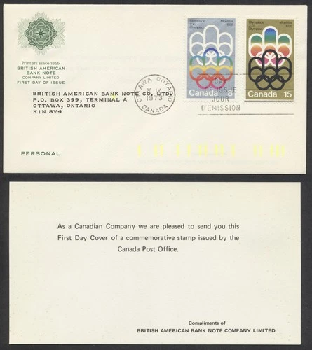 1973 #623-4 Olympics FDC British American Bank Note Cachet Insert