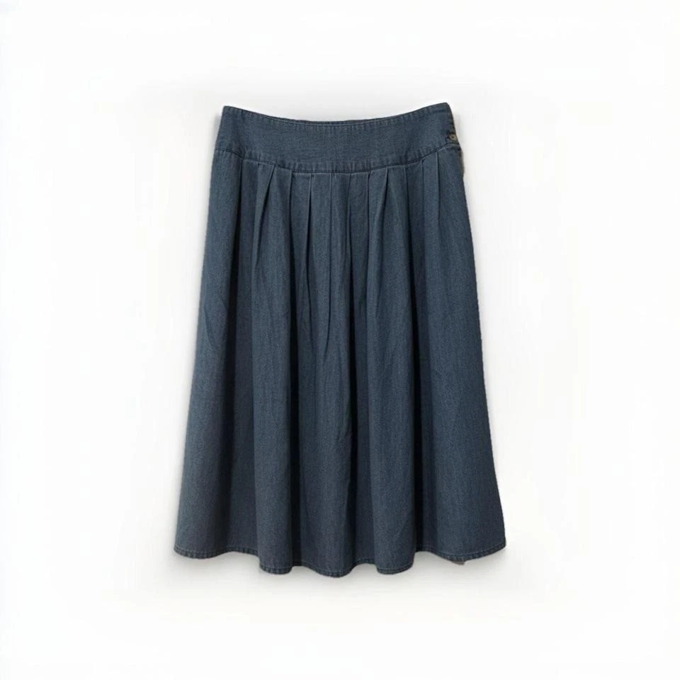 Mc Mac Vtg Lightweight Blue Denim Midi Pleated Skirt Sz 11 12 Cottagecore Retro