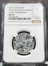 2007 AUSTRIA SILVER 5 EURO UNIVERSAL MALE SUFFRAGE NGC MS 69 RARE TOP POP