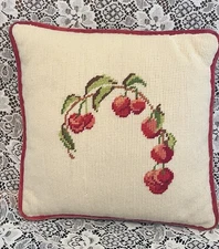 Vintage Cherries Needlepoint Pillow Velvet Back 11x11