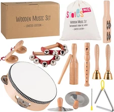 Wooden Musical Instruments Set for Kids 3-9, Drum, Flute, Bells, Montessori Toy