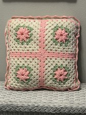 Vintage Crochet Granny Square Accent Pillow Pink/Green Floral Pattern On White