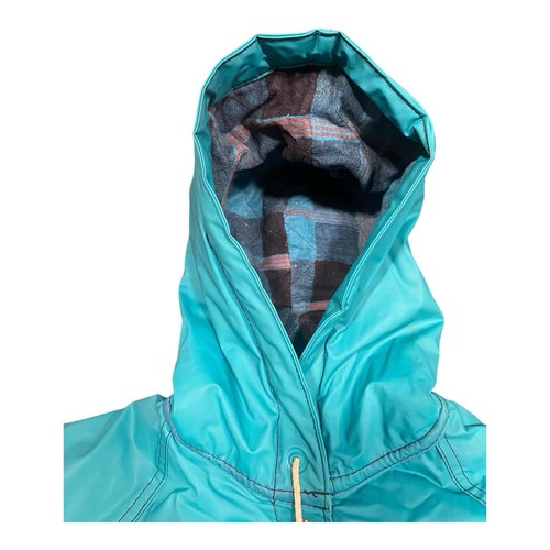 VTG 90 Misty Harbor Rain Coat Womens MED Blue Full Zip Plaid Lined Jacket Hooded - Picture 3 of 8