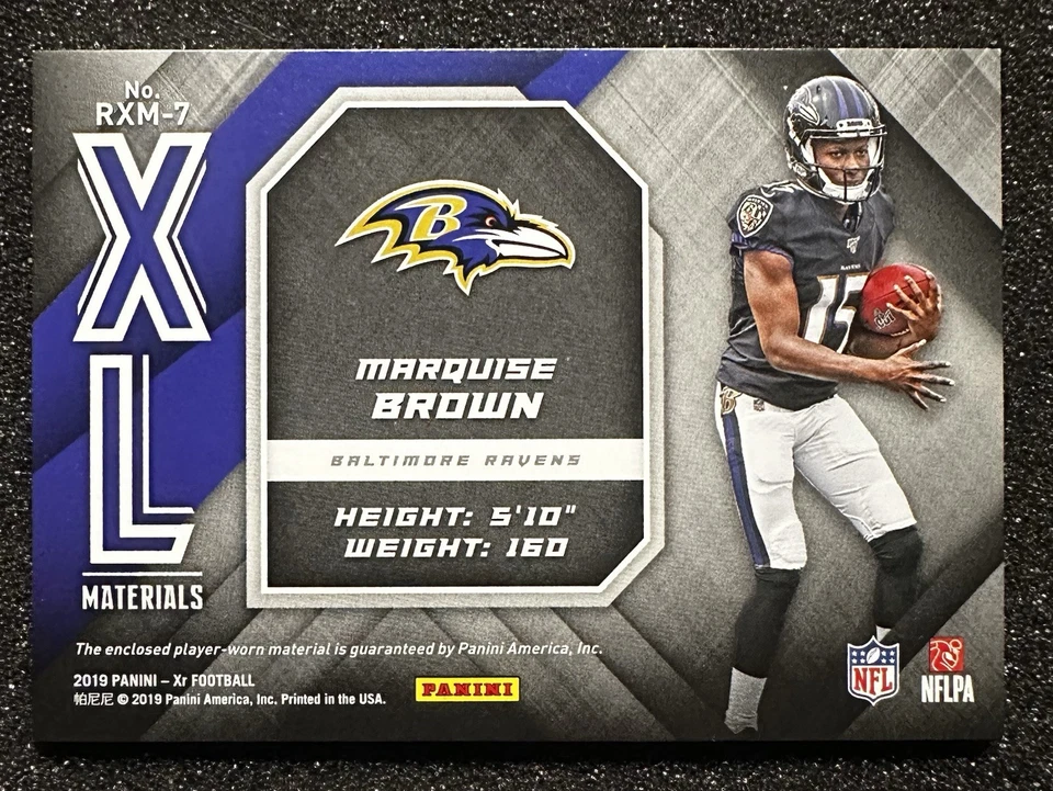 Marquise Brown 2019 Panini XR Rookie XL Materials Blue SP 18/49 #RXM-7 Rookie RC - Image 2 of 2