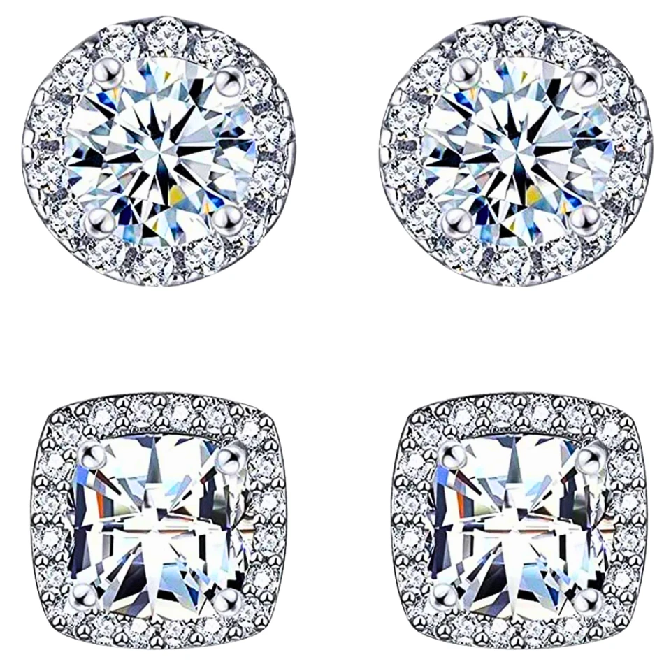 Juego de 2 pares de aretes de lujo de circonitas cúbicas - redondos y cuadrados tono plata joyería de moda Foto 2 de 4