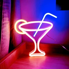 Led Cocktails Neon Sign,Wine Glass Light Battery and USB Dual Peach Pink 