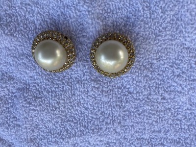 VINTAGE CINER Gold Pearl Rhinestone Large Clip On Earrings with Rhinestones