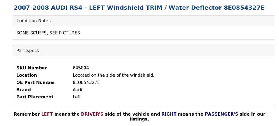 Audi RS4 2007-2008 - Parabrisas izquierdo/Deflector de agua 8E0854327E Foto 4 de 4