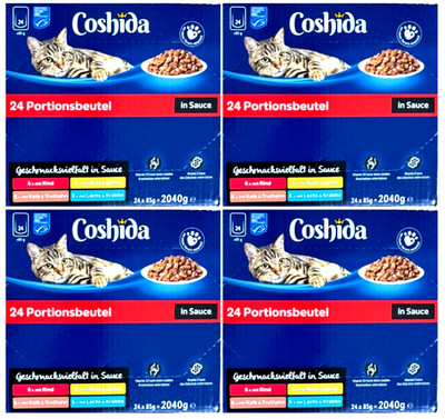 96x 85g Coshida Katzennahrung Menü in Sauce Rind, Lachs, Krabbe, Pute Lamm