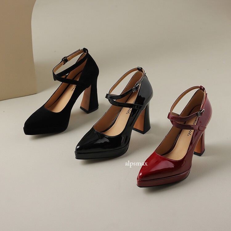 Women's 9cm Pointed Toe Thick Heel Leather Buckle Strap High Heel Shoes
