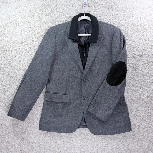 Mens 50 Dan John Blazer Grey Herringbone Layered Zip Bib Elbow Patch Sport Coat - product listing photo