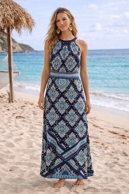 London Times Maxi Dress Blue Boho Floral Sleeveless Keyhole Back Size 6  Thick Kn | eBay