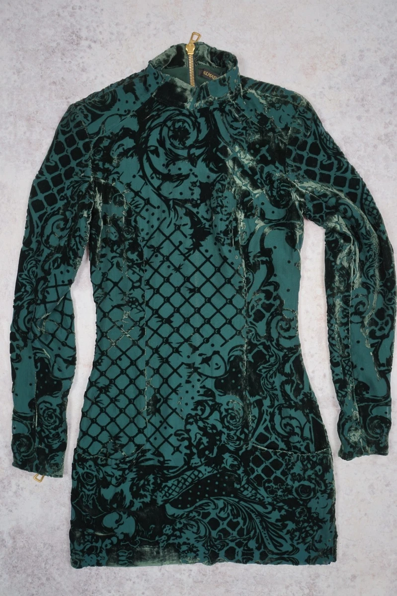 h and m balmain green dress Balmain x H&M Green Velvet Dress The Luxe Closet