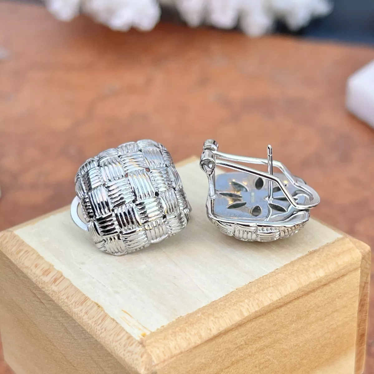 Sterling Silver Square Basket Weave Textured Omega Back Earrings NEW Solid 19mm