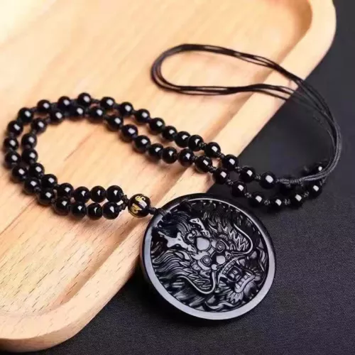 Natural Black Obsidian Hand Carved Dragon Head Lucky Amulet Pendant Necklace HOT - Picture 8 of 9
