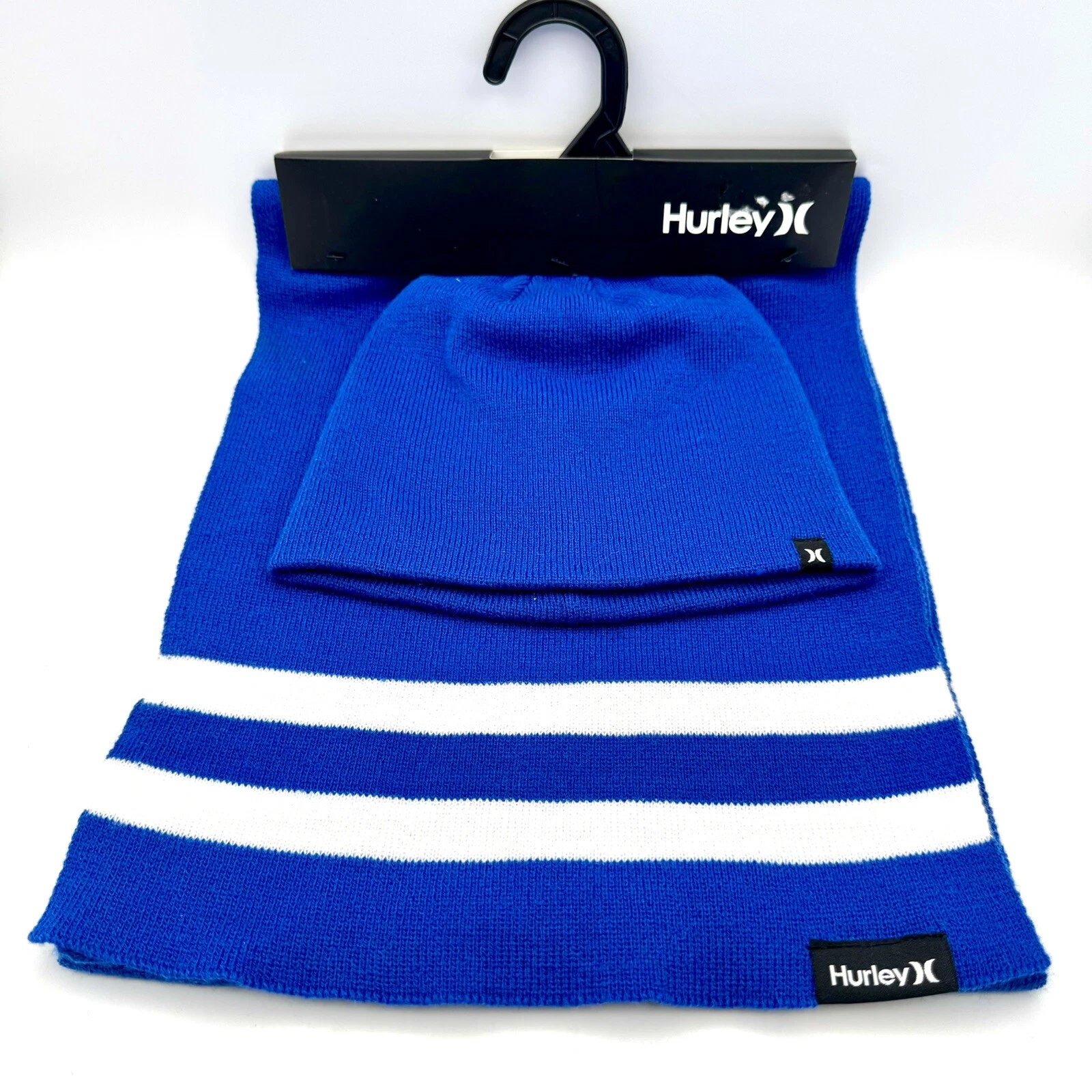 Hurley Hat Scarf Set Blue & White NWT Winter Knit Warm Performance Outdoor Gear