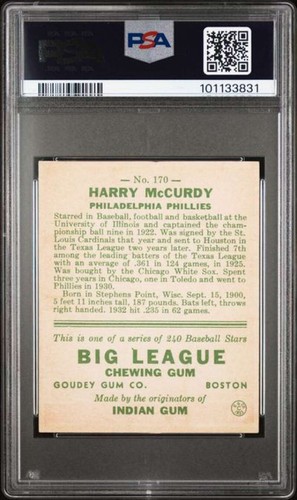 1933 Goudey #170 Harry McGurdy PSA 1.5 RC Rookie Phillies (3831) - Picture 2 of 2