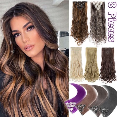 US 8 Pieces Highlights Hairpiece Long Thick Synthetic Clip-In Hair Extensions