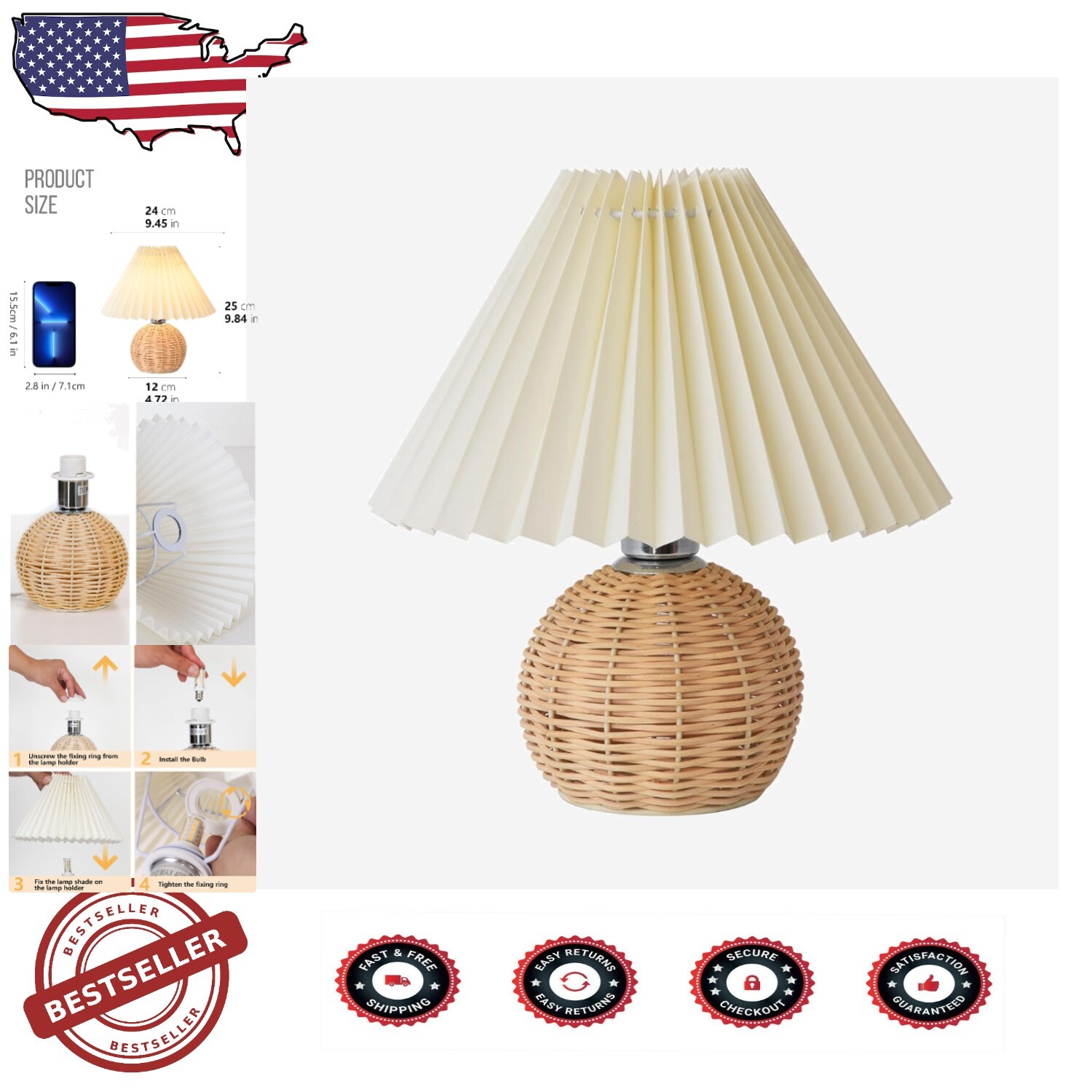 Chic Beige Pleated Table Lamp with Rattan Base - Perfect for Bedroom Decor