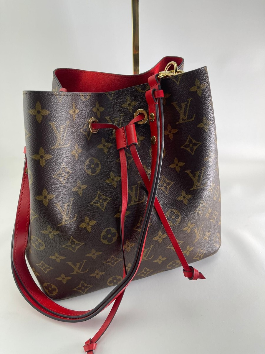 Auth Louis Vuitton Neo Noe Monogram Canvas Red Leather Drawstring