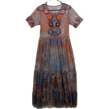Johnny Was BIYA Kandence Tiered Mesh Dress Womens XS Maxi Floral Embroidery