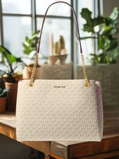 Michael Kors Soho Women Medium Signature Logo Chain Shoulder Tote Bag Vanilla