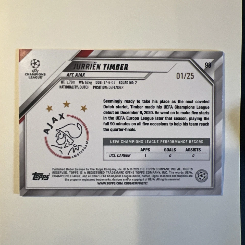 2021-2022 Topps Chrome UEFA Jurrien Timber 1/25 First Edition Orange - Image 3 of 4