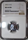 NGC MS-64 BN 1931-D Lincoln Cent, Beautifully Toned, Tougher Date specimen.