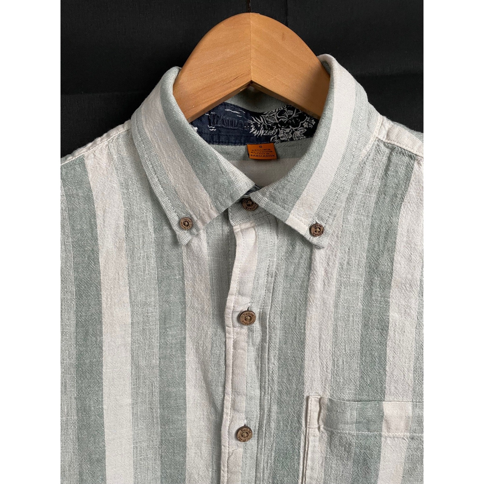 Taylor Vintage Linen Cotton Short Sleeve Button Up Shirt Green Stripe S
