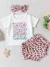 Mama Graphic Tee and Leopard Shorts Set with Headband