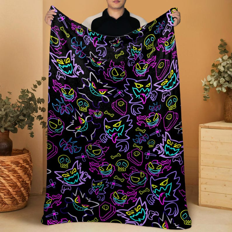 Cute Neon Ghost Flannel Blanket – Cozy Soft Throw for Home & Bedroom Décor