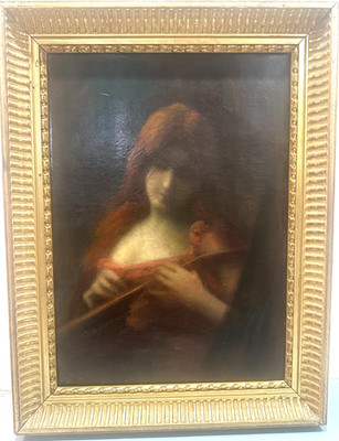 19th Century French Old Master Oil Painting on Canvas Girl playing Guitar