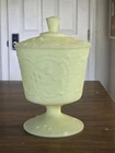 Vtg Fenton Custard Satin Glass Wild Strawberry Footed Compote Candy Box w/ Lid