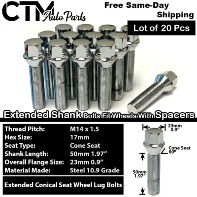 20x Chrome 14x1.5 50mm Lug Bolts Porsche McLaren Aftermarket Rim 20-25mm Spacer