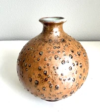 Signed Golden Brown Hue Textured Bud Vase Studio Pottery Blue Interior OOAK